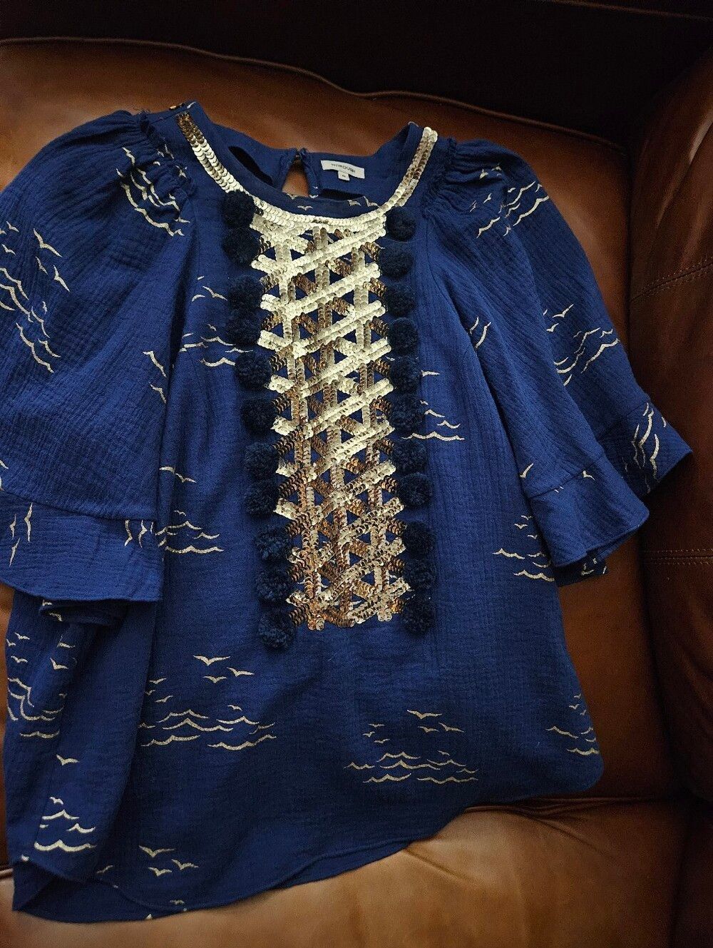 Manoush French Navy Pom-Pom Peasant Blouse with Gold Sequins US 8 FR 40